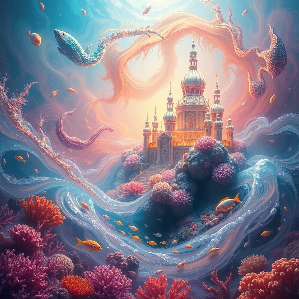 Mermaid Palace in Coral Reef, Oil Wash Painting