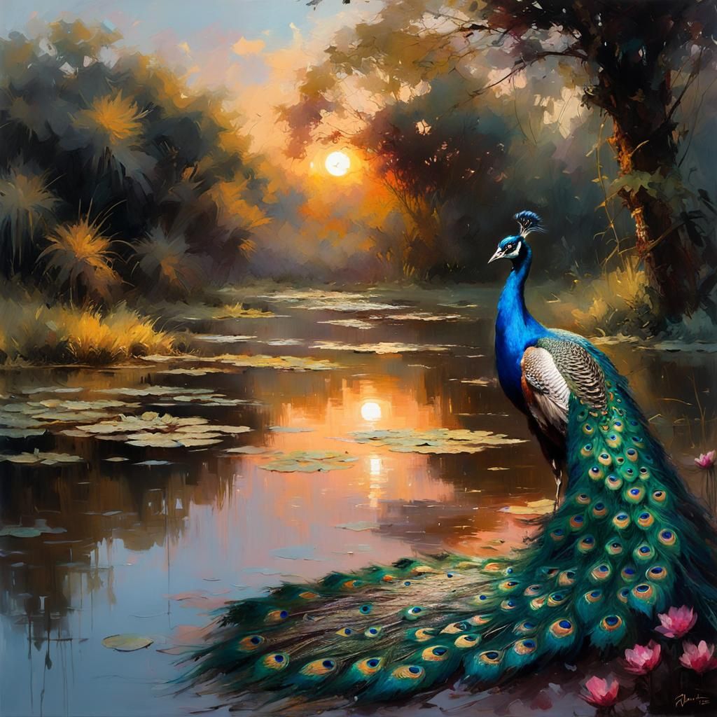 Peacock Displays Tail Feathers in Dramatic Sunset Light