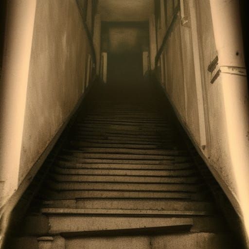 Eerie Staircase to Dark Cellar in VHS Style