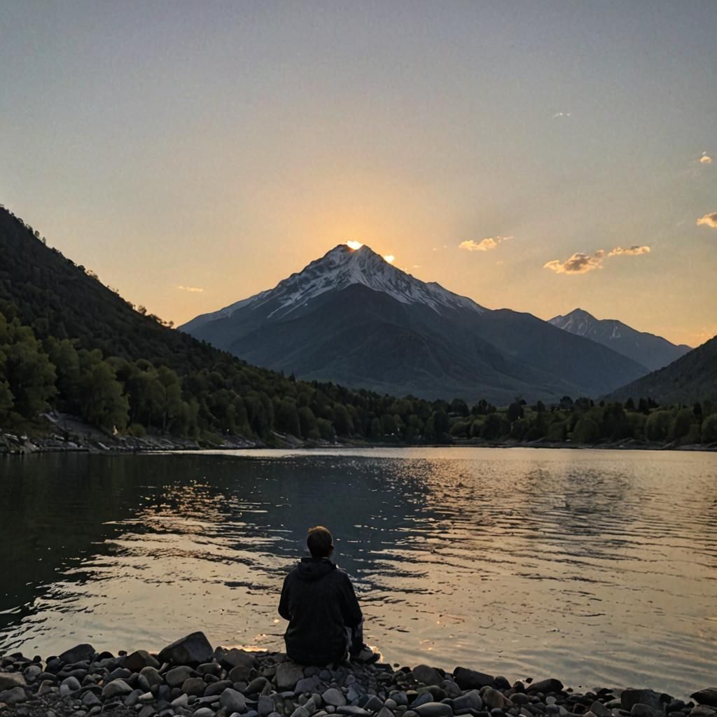Sunset Serenity: Lakeside View of Mountains