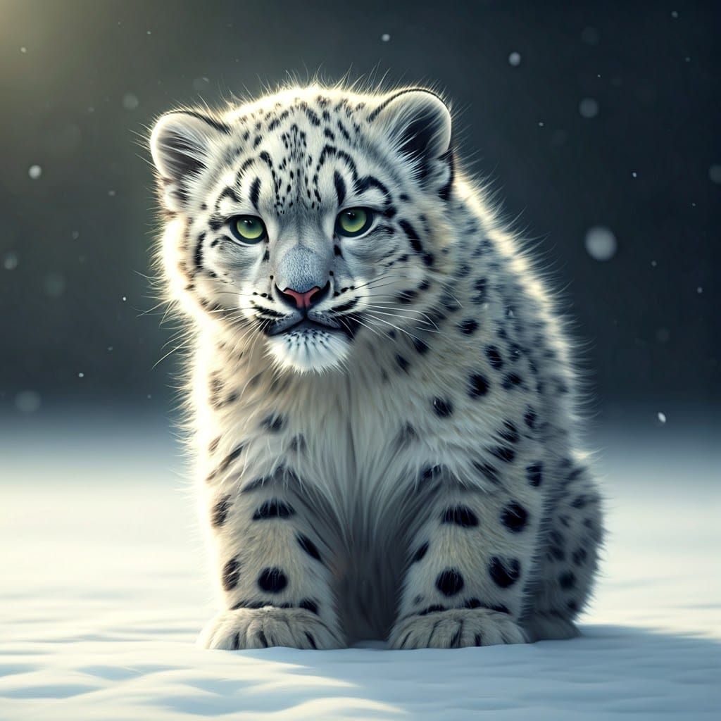Fluffy Snow Leopard Portrait in Snowy Landscape
