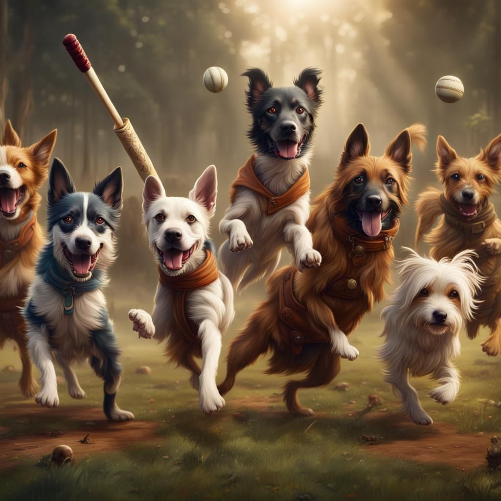 Dogs Playing Cricket: Detailed Fantasy Concept Art