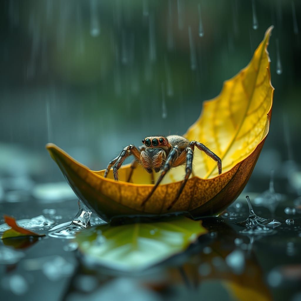 Photorealistic Spider in Leaf Boat on Rainy Day