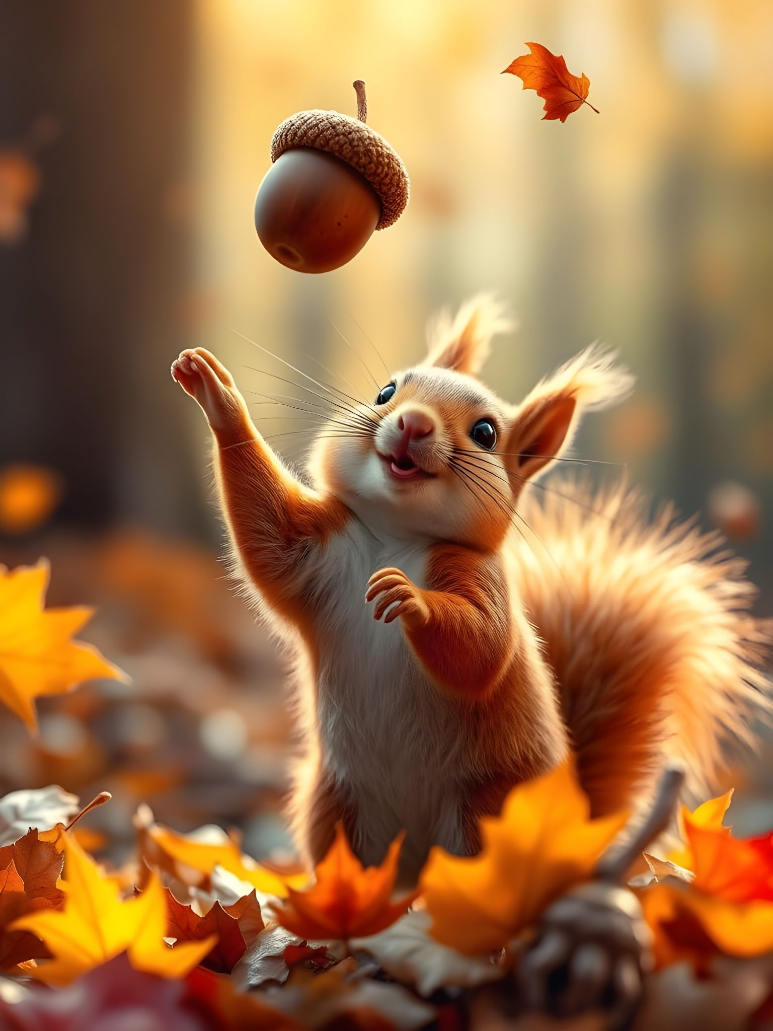 Happy Squirrel Plays With Acorn Amidst Autumn Leaves