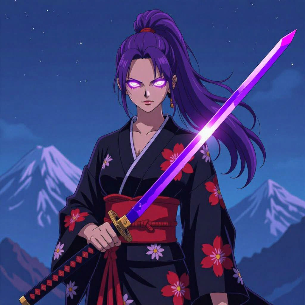 Woman with Purple Katana on Mountain Top