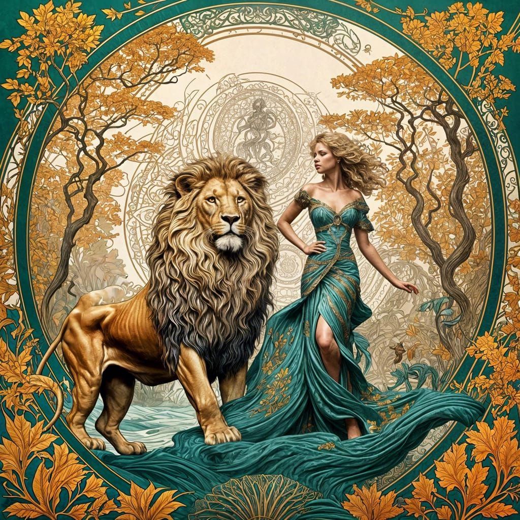 A lion and a lady in style of Alfons Mucha