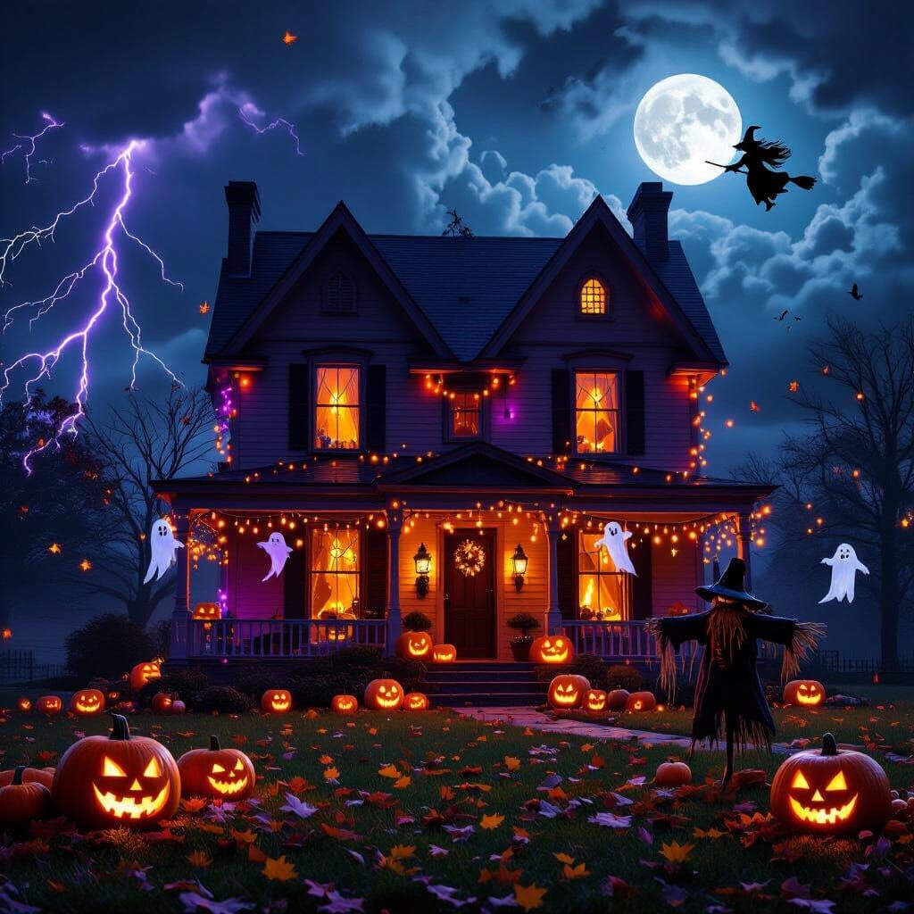 Eerie Halloween House Amidst Stormy Night