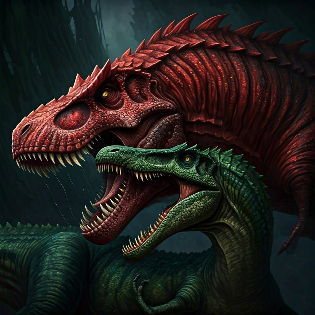 Scarlet T-Rex vs Green Spinosaurus: Bioluminescent Battle