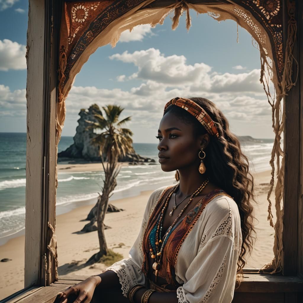Bohemian Woman Gazing at Beach with Cosmic Energies