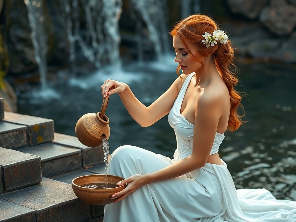 Woman Pours Water by Waterfall