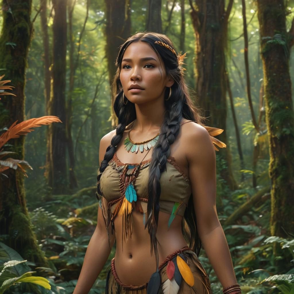 Pocahontas in Lush Forest: Hyperrealistic Concept Art
