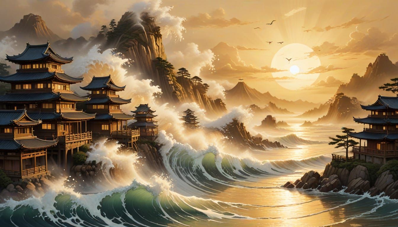 Traditional Japanese Tsunami Scene with Golden Light