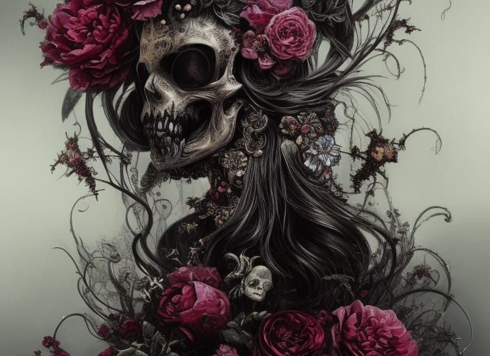 Gothic Skull Still Life with Flowers