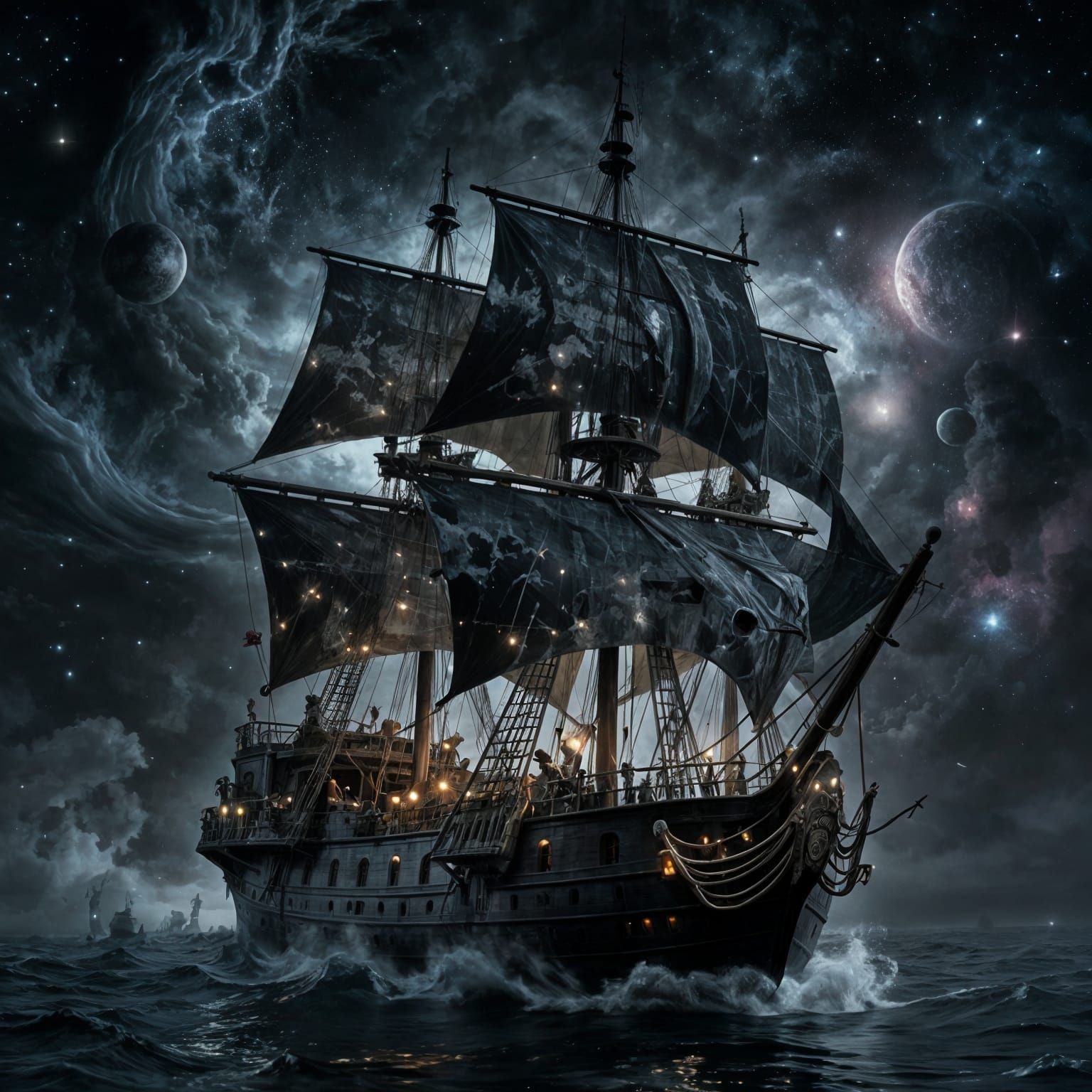 Obsidian Pirate Galleon in Cosmic Nebula