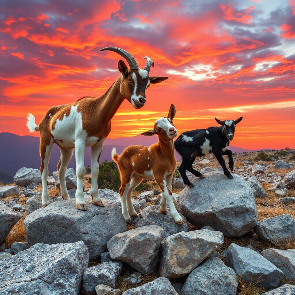 Vibrant Mountain Meadow Scene with Goats in a Cosmic Sunrise