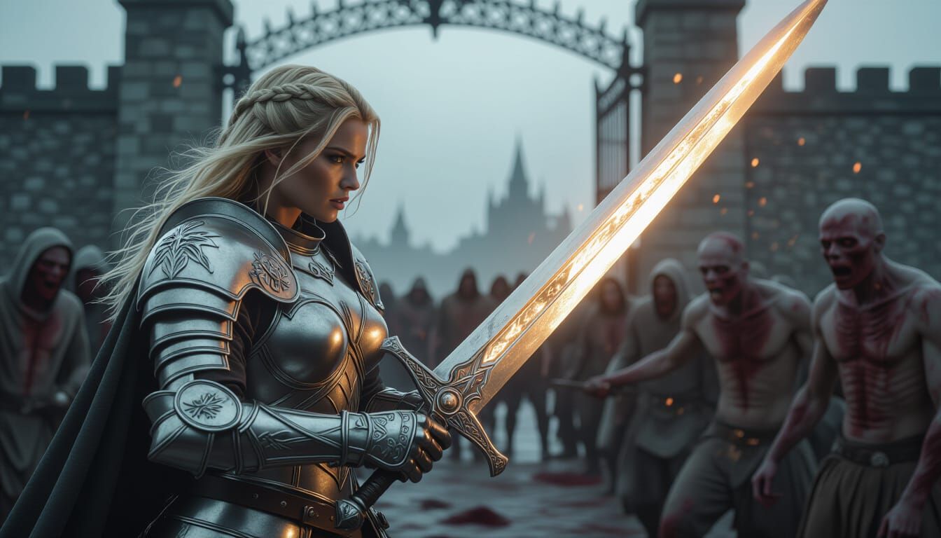 Female Paladin Battles Zombies in Silver Armor