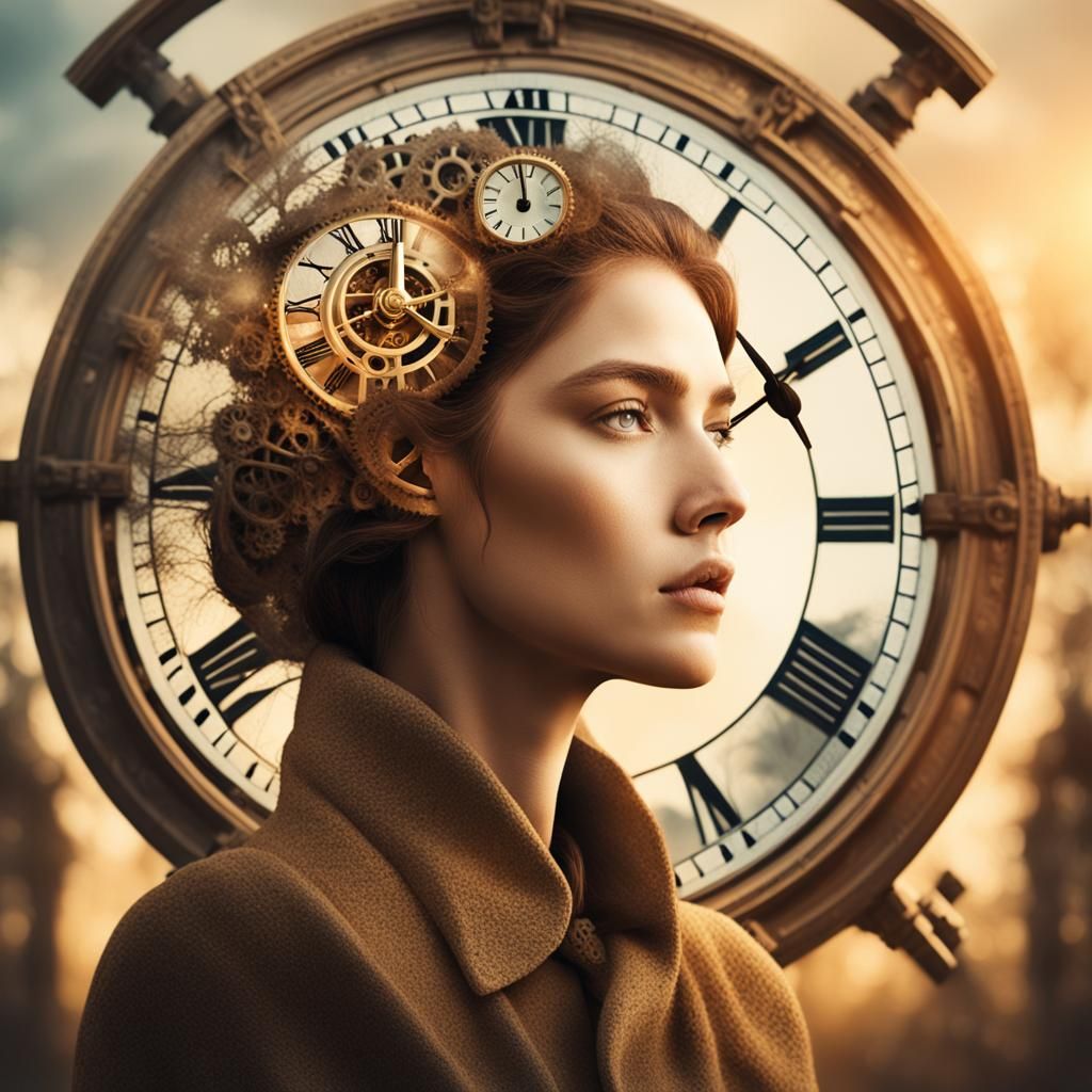 Surrealistic Merging of Woman and Clock in Earthy Tones