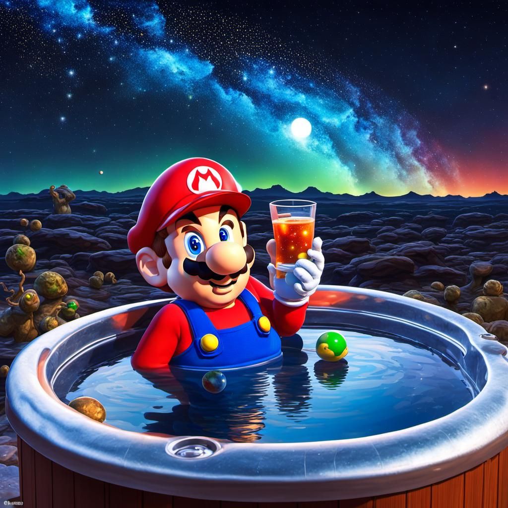 Super Mario Relaxing in Hot Tub Under Starry Sky