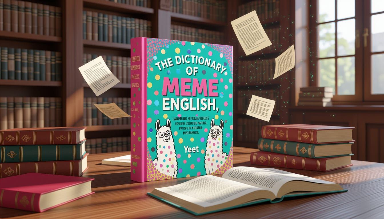 Dictionary of Meme English on Desk in Sunlit Library
