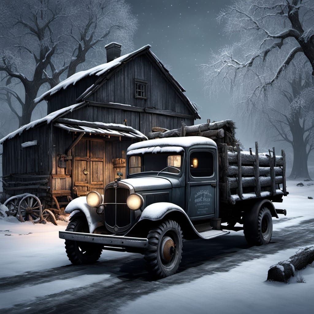 1930s Farming Truck and Shack in Winter Night