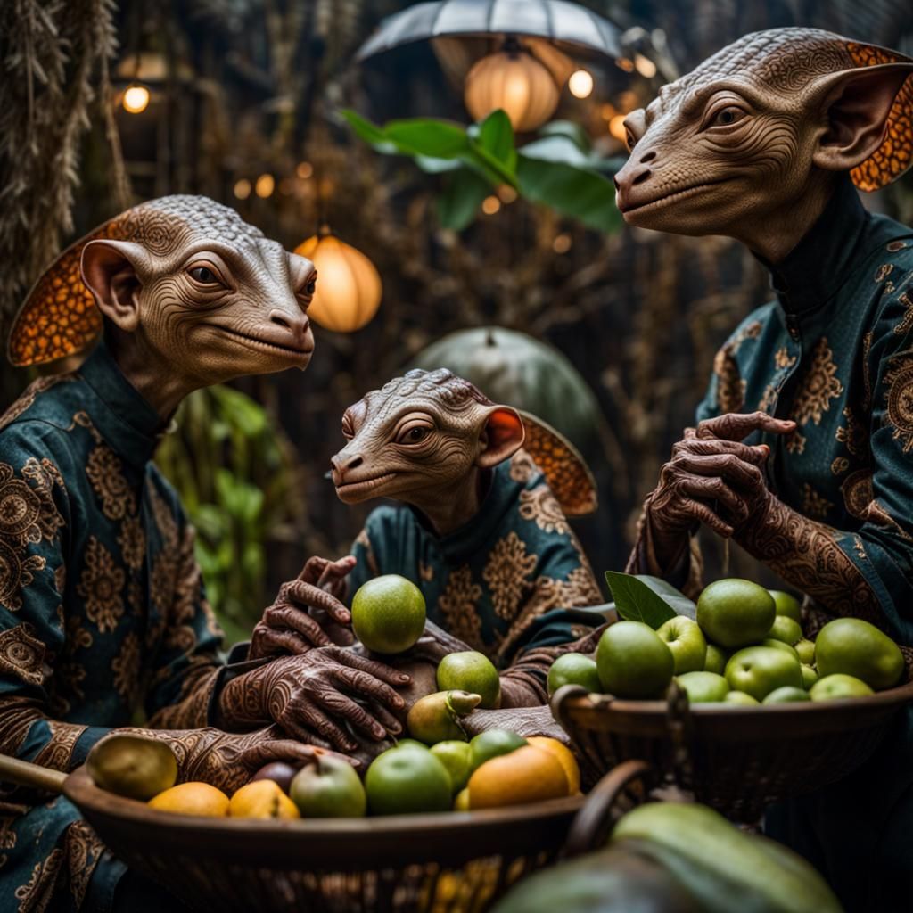 Surreal Restaurant Scene with Exotic Aliens