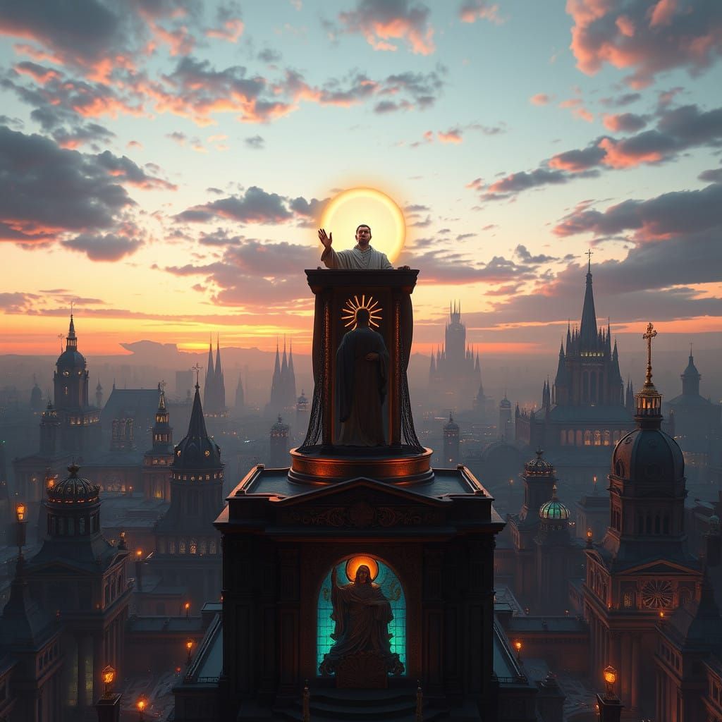 Ethereal Evangelist Amidst Celestial Cityscape