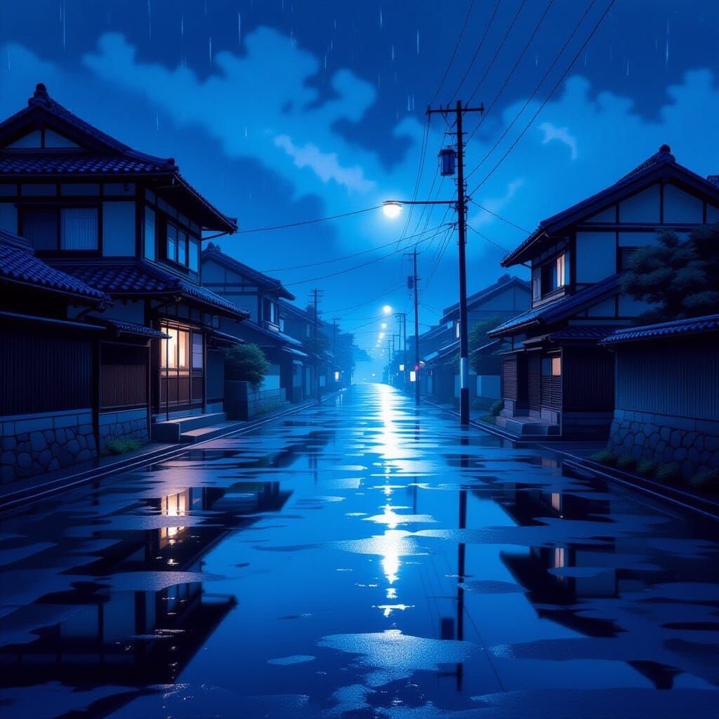 Rainy Night Reflections of Traditional Japanese Houses