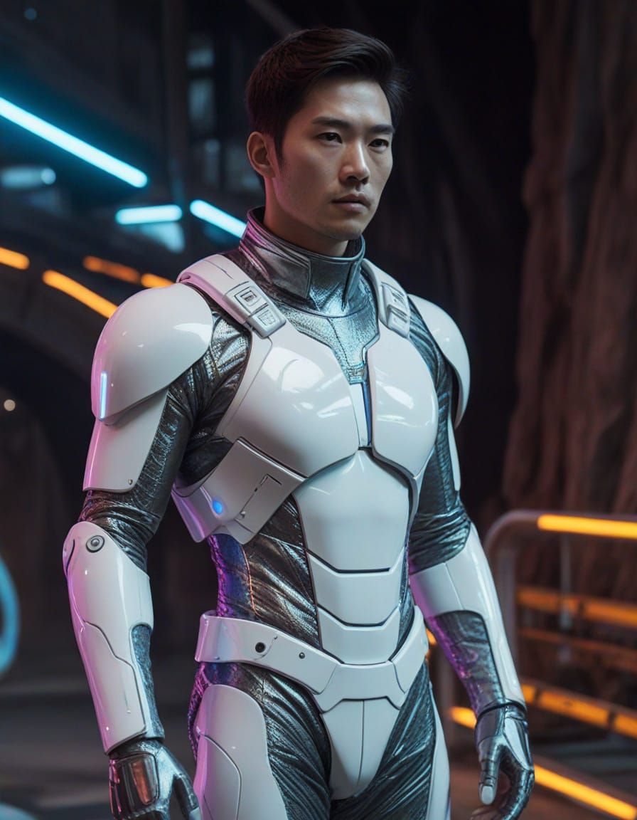 Mysterious Futuristic Explorer in Neon Canyon