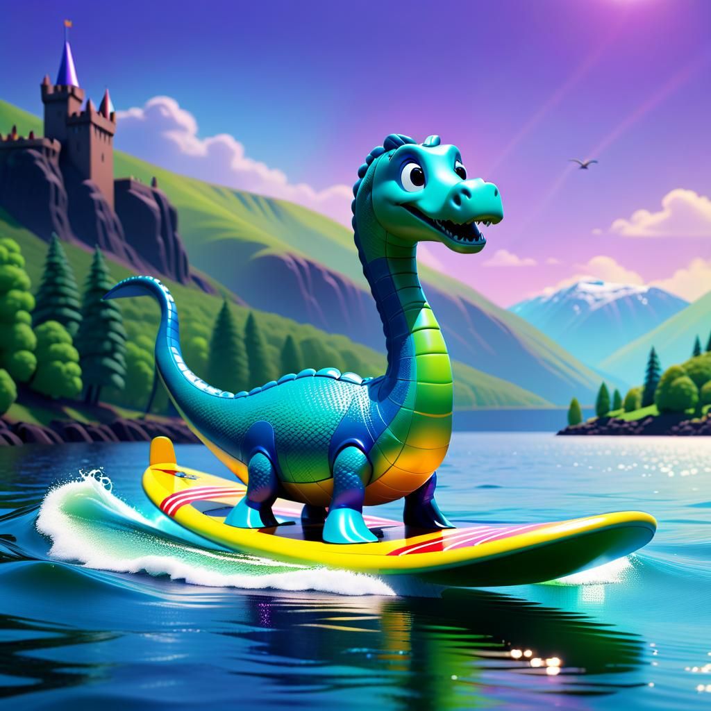 Nessie Action Figure Surfing Loch Ness in 3D