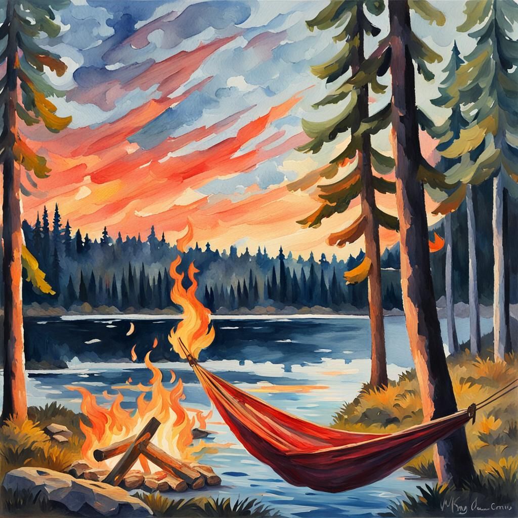 Finnish Lake Campfire in Gouache Watercolor Style