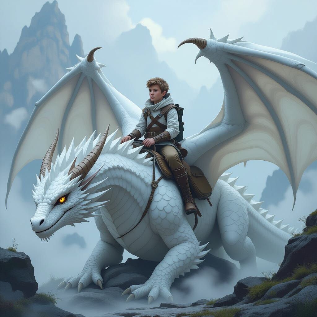 Boy on Dragon in Dreamy Fantasy Style