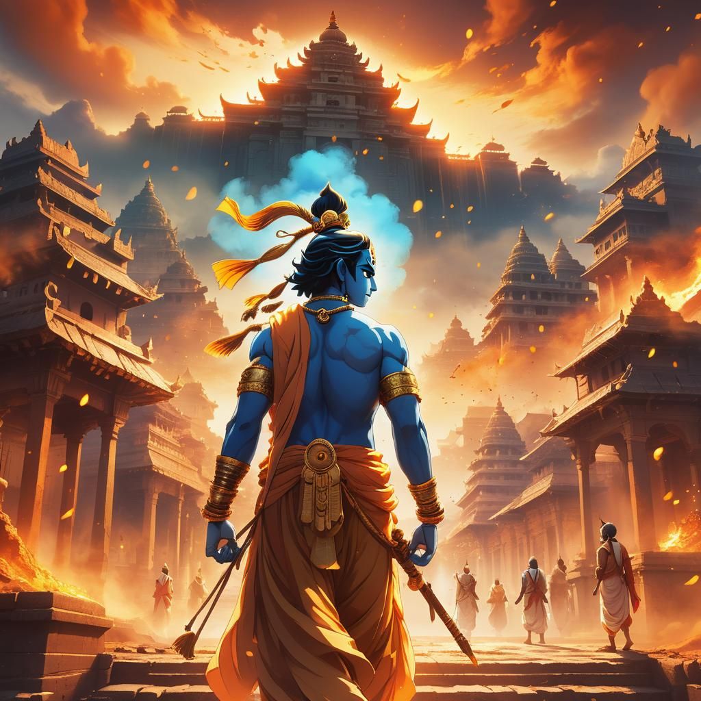 Lord Krishna in Mystical City, Vibrant Anime Style