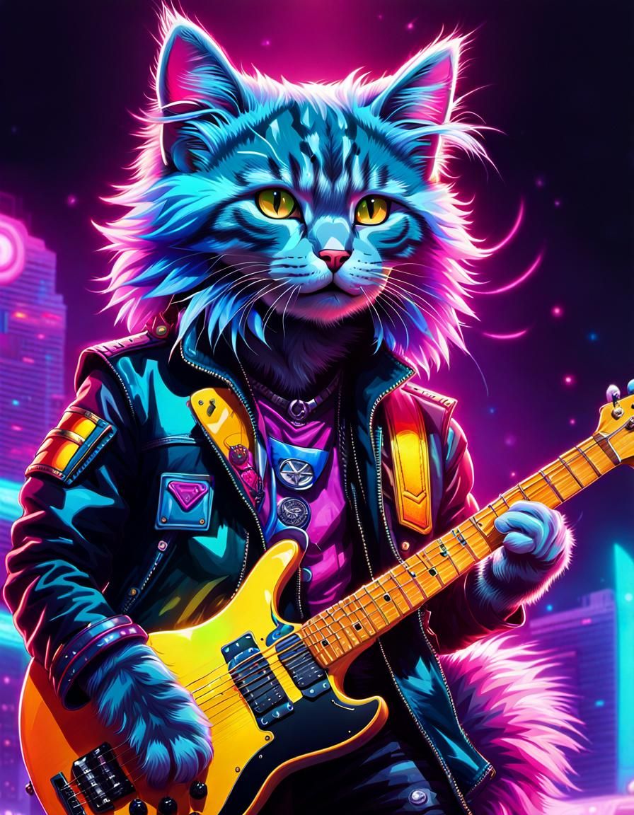 Cyberpunk Cat Rock Star on Stage