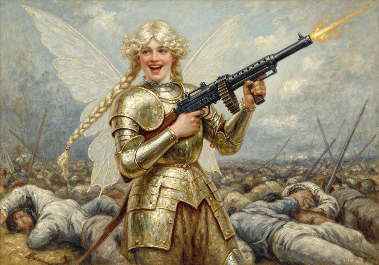 Fairy Knight with Machine Gun, Impressionistic Oil Painting