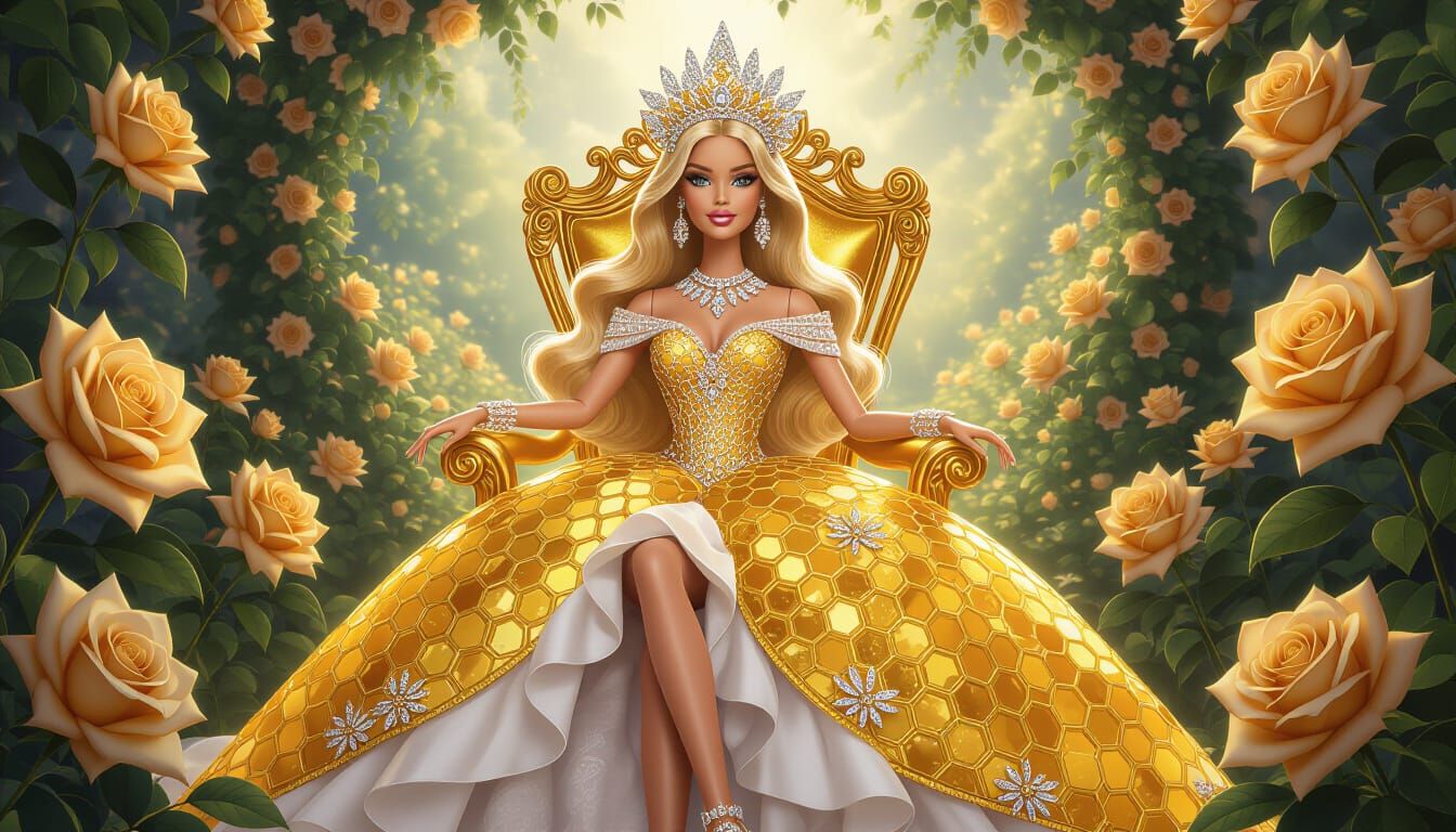 Bee Queen Barbie on Golden Throne in Magical Garden