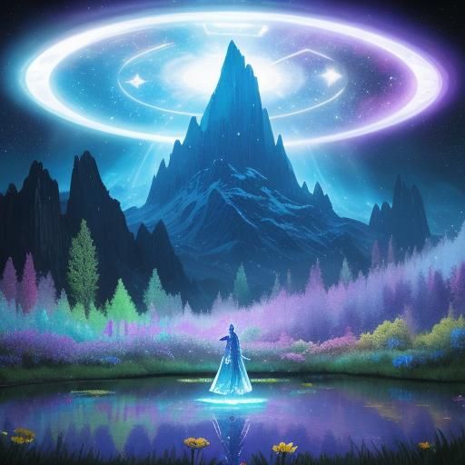 Glowing Alien Spaceship Over Magical Flower Meadow