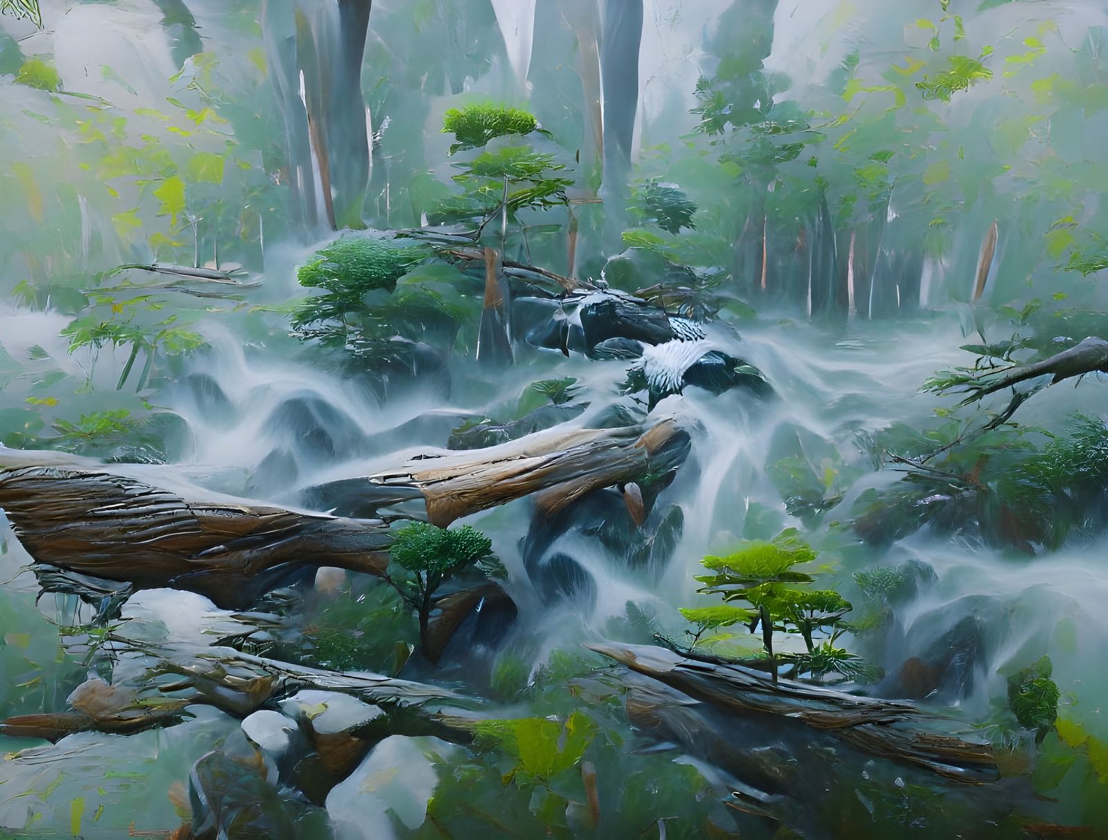 Lush Japanese Forest Waterfall in Detailed Oil Painting