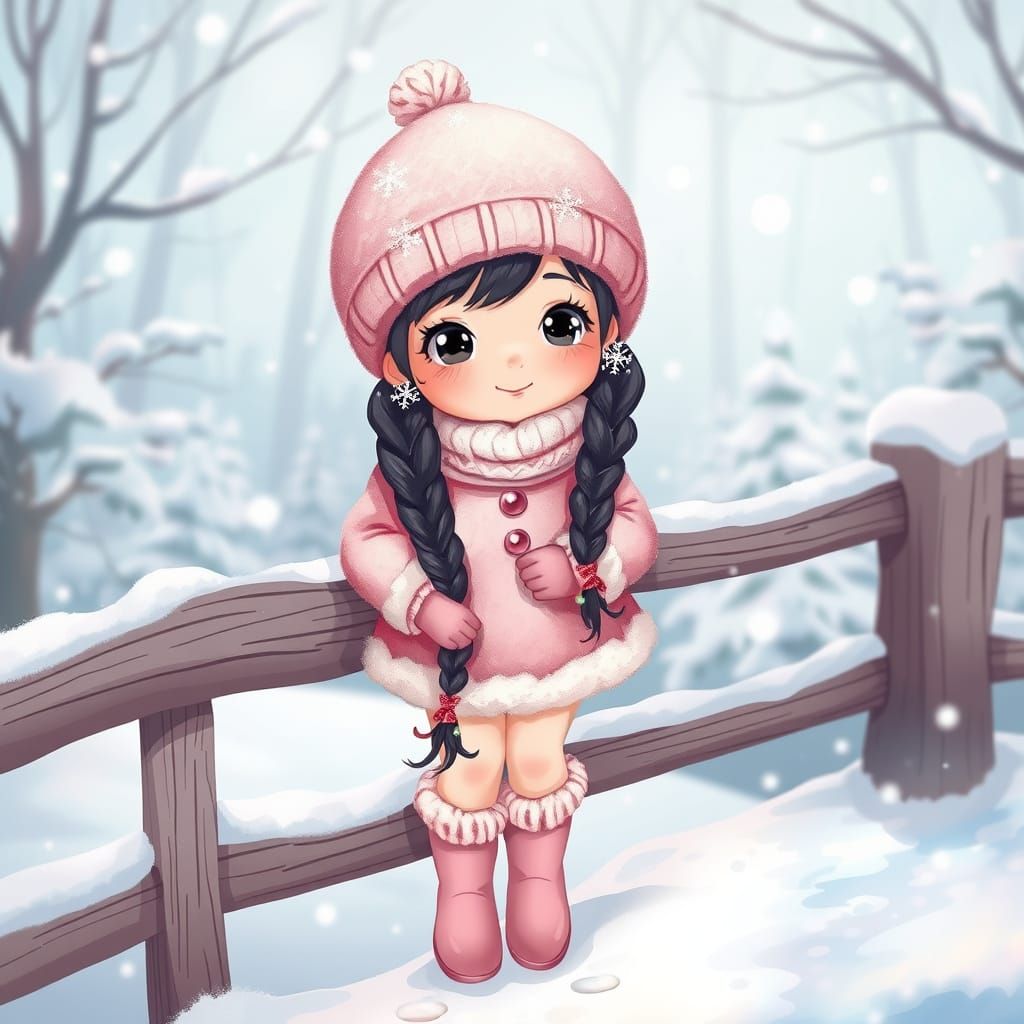Fairytale Winter Girl in Pink Outfit with Snowflakes