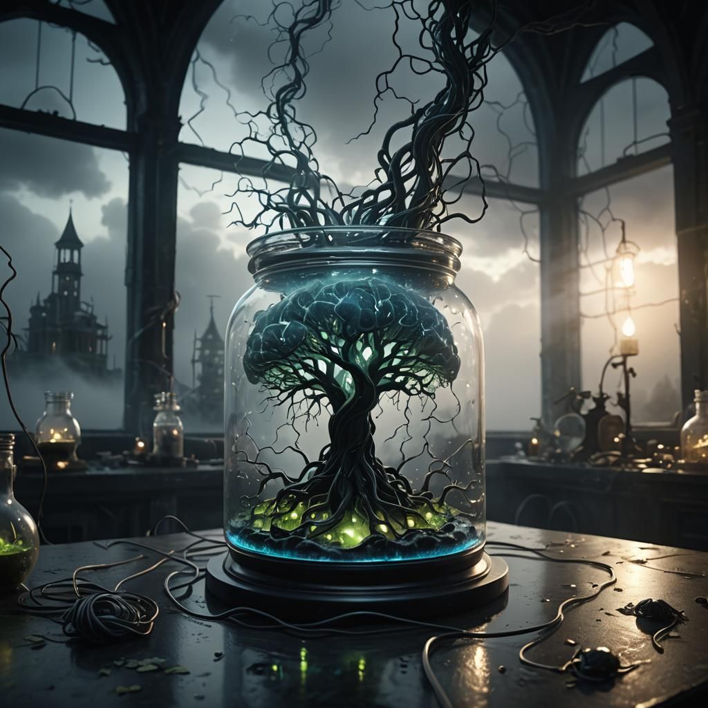 Eerie Glass Structure Surrounded by Swirling Fog