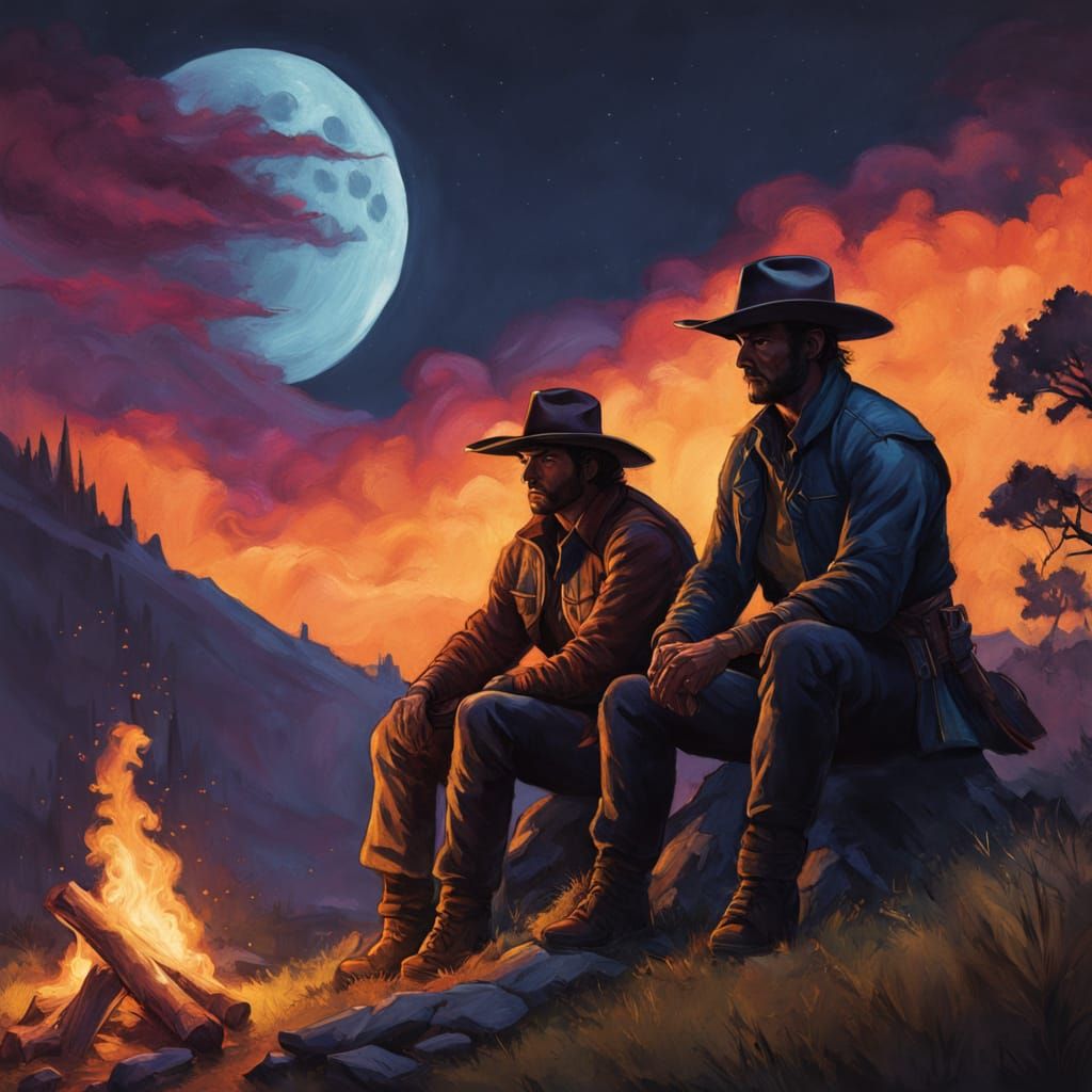 Cowboys Campfire Under Moonlight: Vibrant Oil Painting