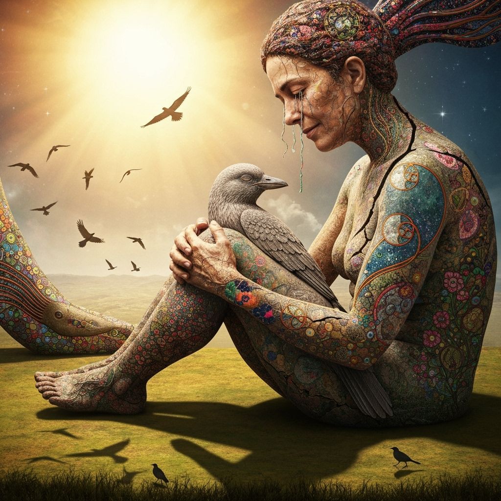 Artist Inside Her Abstract Sculpture in Moonlight