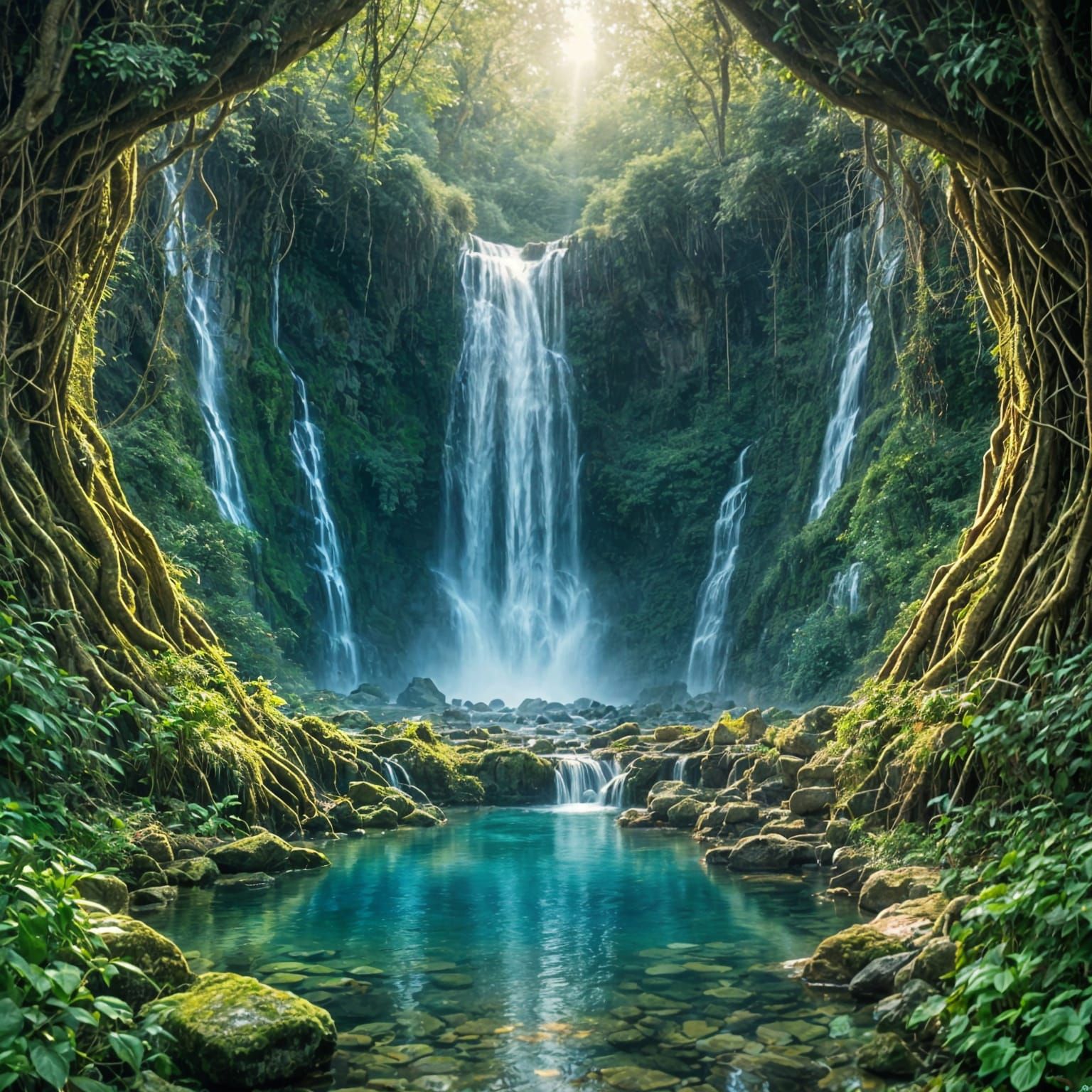 Waterfall Cascade with Shimmering Light and Archway