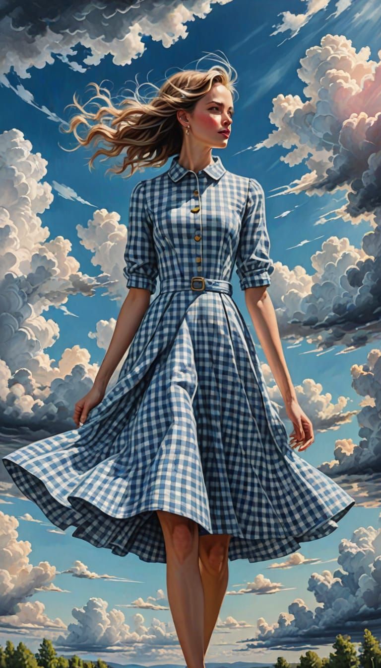 Surreal Gingham Landscape in Vibrant Gold and Pastels