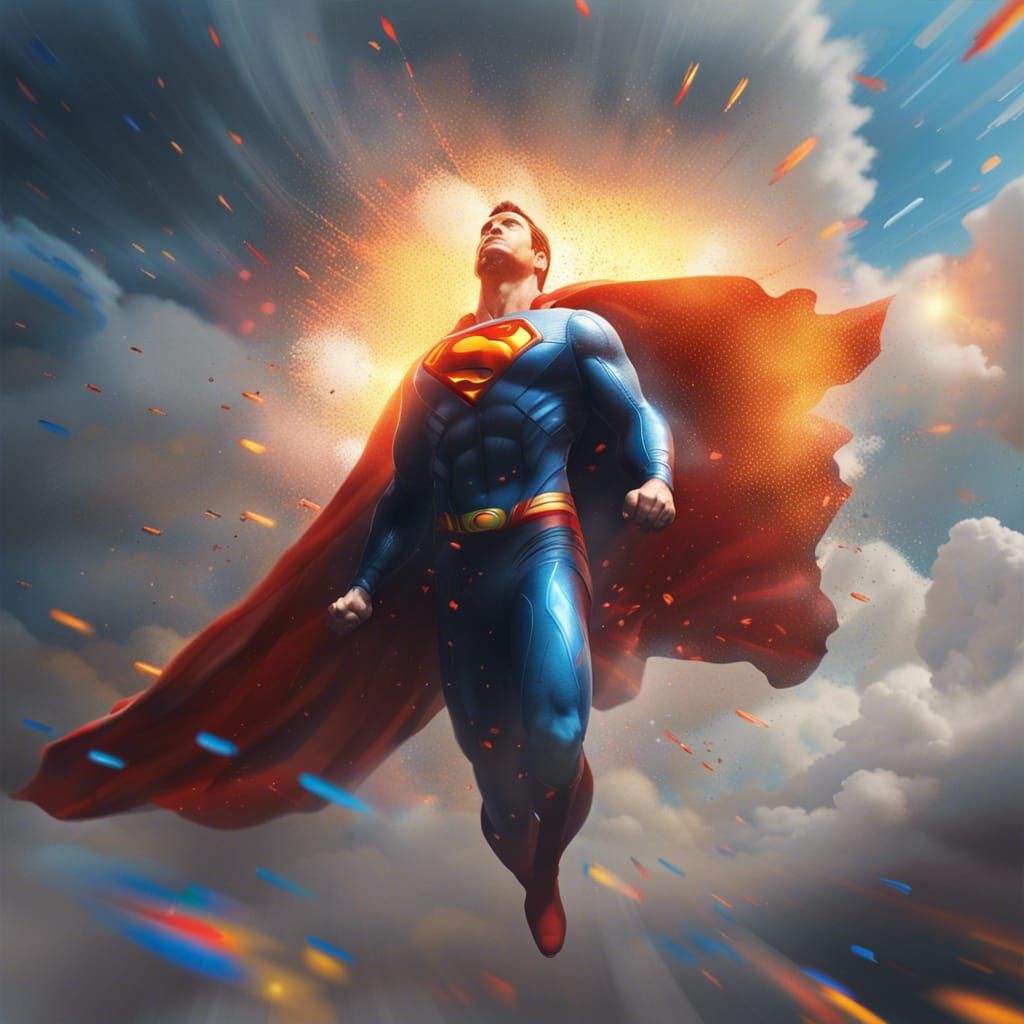 Superman Soaring Through Clouds in Art Deco Style