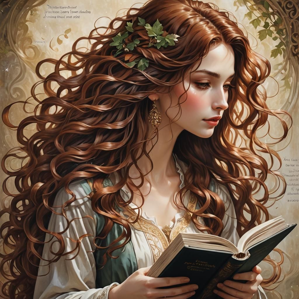Girl Reading, Chestnut Hair in Photorealistic Style