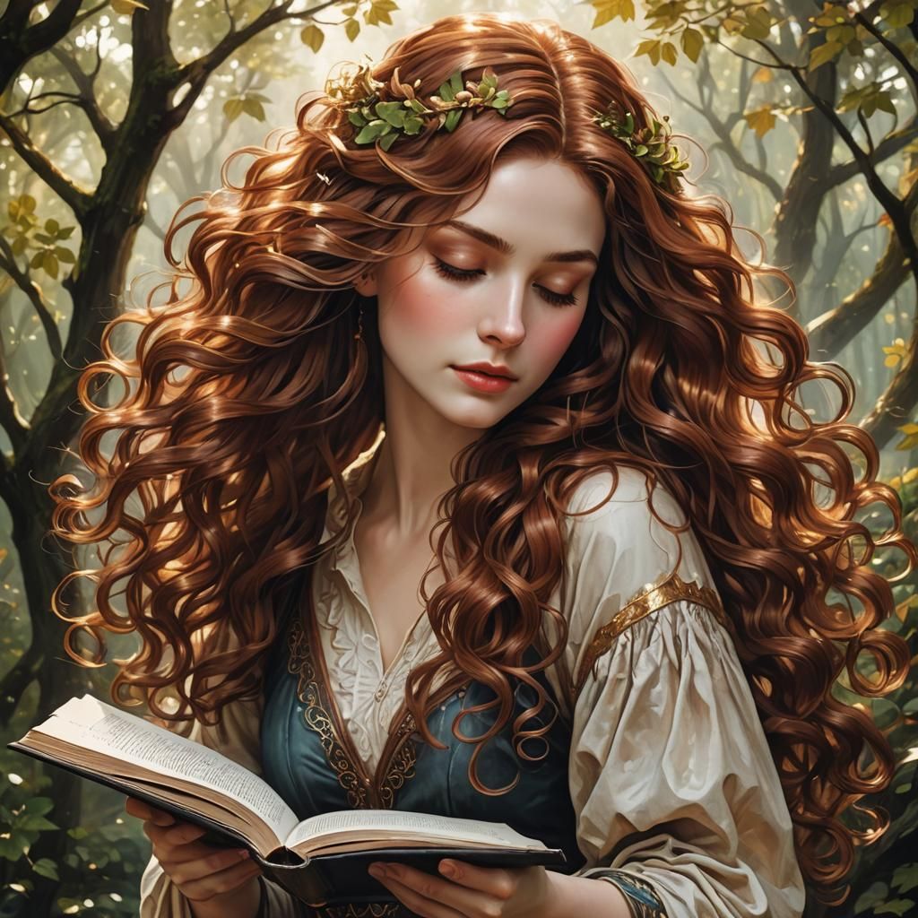 Woman Reading with Chestnut Waves in Anime Style