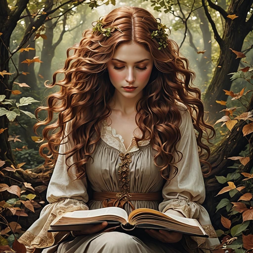 Girl Reading with Chestnut Hair in Manga Style