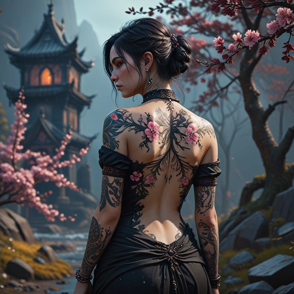Mysterious Gothic Fantasy Girl with Cherry Blossom Tattoo