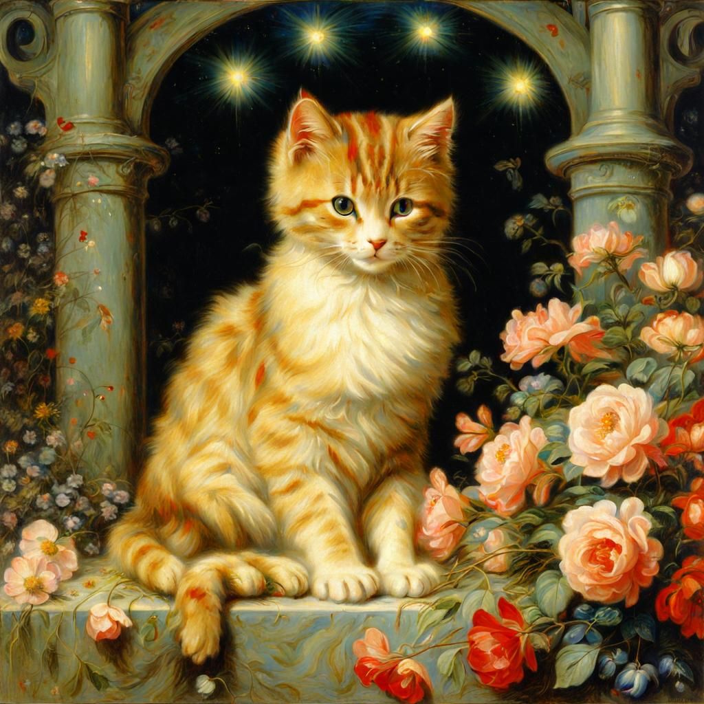 Cute Cat Surrounded by Flowers in Pre-Raphaelite Style