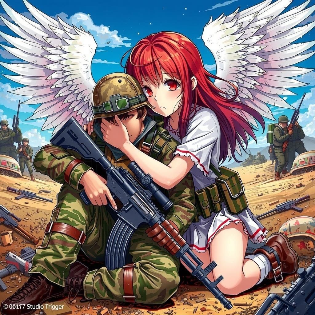 Angel of War Anime Art: Angel Girl Shields Wounded Soldier o...